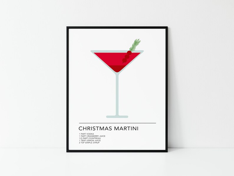 May include: A printable poster with a red Christmas martini cocktail illustration and the text "CHRISTMAS MARTINI" with the ingredients listed below: 1 part vodka, 1 part cranberry juice, 1/2 part Cointreau, 1 tbsp lemon juice, 2 tsp simple syrup.
