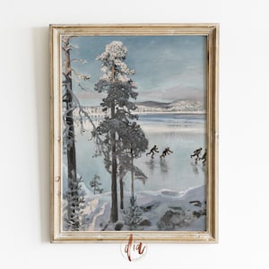 Vintage Ice Skating Painting, Winter Scene Wall Art Print, Pond Skating Antique Painting, Christmas Print, Printable Wall Art, Digital Print