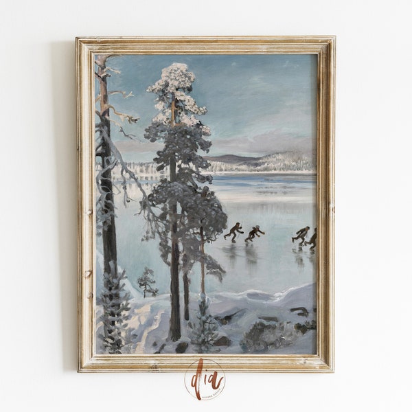 Vintage Ice Skating Painting, Winter Scene Wall Art Print, Pond Skating Antique Painting, Christmas Print, Printable Wall Art, Digital Print