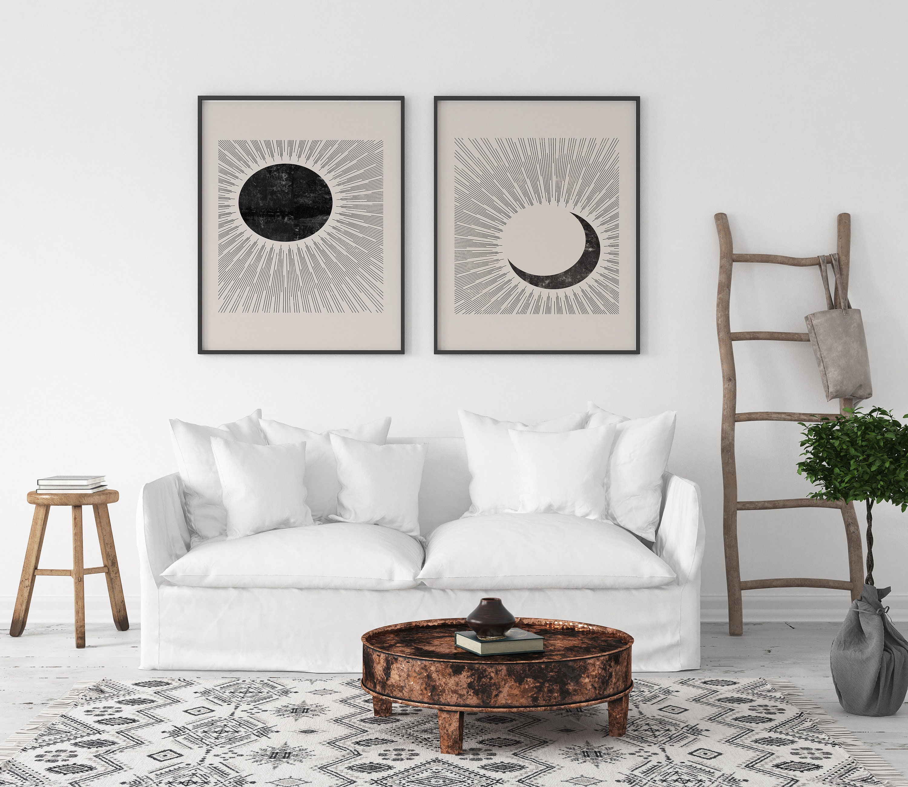 Geometric Sun Moon Print Set of 2 Prints Mid Century Modern Black Beige ...