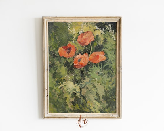 Vintage Flower Print, Orange Wild Poppies Painting, Gallery Wall Print, Bright Wall Art Print, Printable Art, Digital Prints, Spring Decor