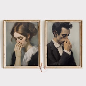 May include: Two framed portraits of people with a distressed white frame. The portraits are painted in a realistic style. The person on the left is a woman with brown hair, wearing a white blouse and a black dress. The person on the right is a man with brown hair, wearing a black suit and a white shirt.