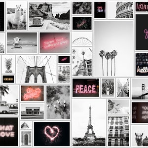 May include: A black and white collage of images with pink neon signs that say "Laugh", "Live Color Fully", "Do What You Love", "Peace", "Be Bohemian", "Some Shit is Different Day", "Good Vibes Only", "You Are Here", and "Love Hurts".