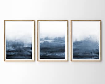 Abstract Wall Art Prints Navy Blue Watercolor Print Set of 3 Prints Indigo Blue Painting Modern Printable Art Abstract Ocean Wall Gallery