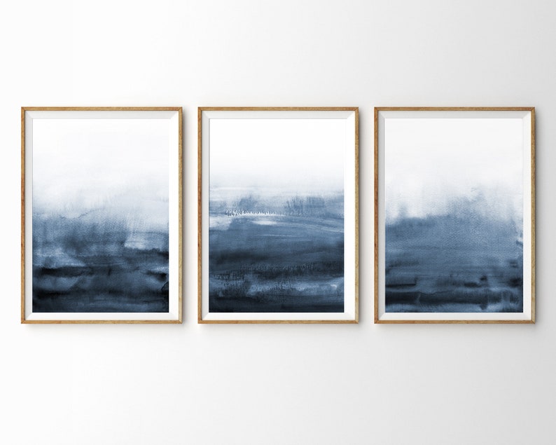 Abstract Wall Art Prints Navy Blue Watercolor Print Set of 3 Etsy