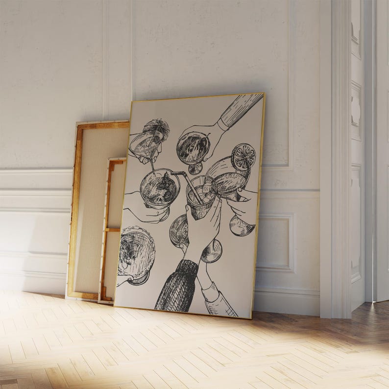 May include: Black and white line drawing of several hands holding up glasses of cocktails and drinks. The drawing is on a white background.