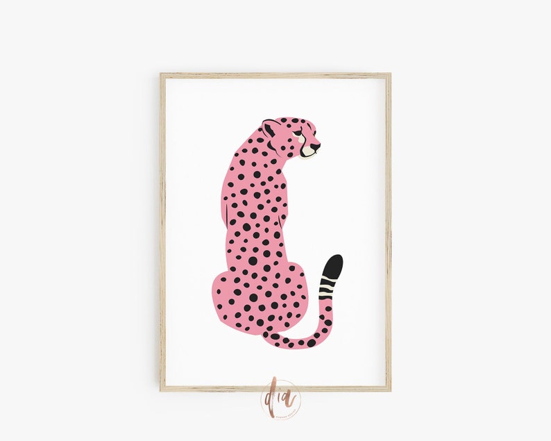 May include: Pink cheetah print illustration with black spots. The cheetah is sitting with its tail curled around its body.