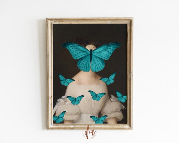 Eclectic Gallery Wall Art Print, Altered Art Portrait, Blue Butterflies Renaissance Painting, Trendy Wall Art, Vintage Baroque Quirky Print