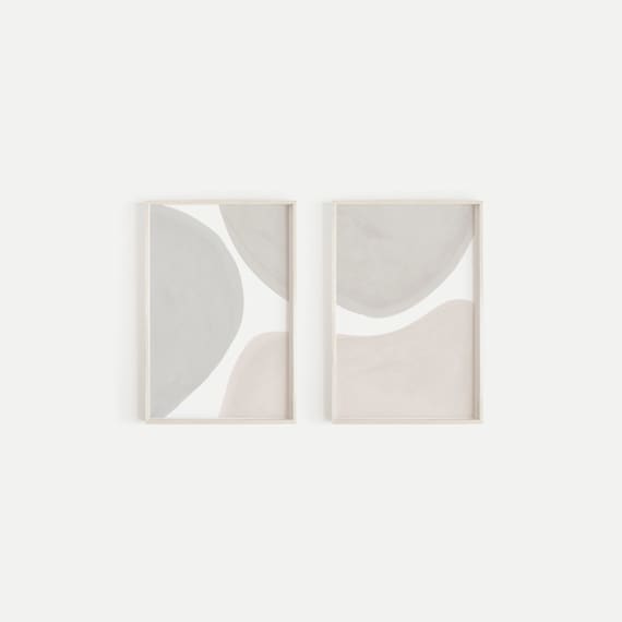 2 Piece Mid Century Modern Abstract Wall Art, Neutral Tones Art Set Large Modern Wall Art Scandinavian Minimalist Decor Beige Grey Printable