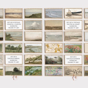 May include: Set of 24 vintage framed art prints featuring coastal, nautical, spring, and summer scenes. The prints are in a light brown frame with a white mat. The prints are arranged in four rows of six prints each.
