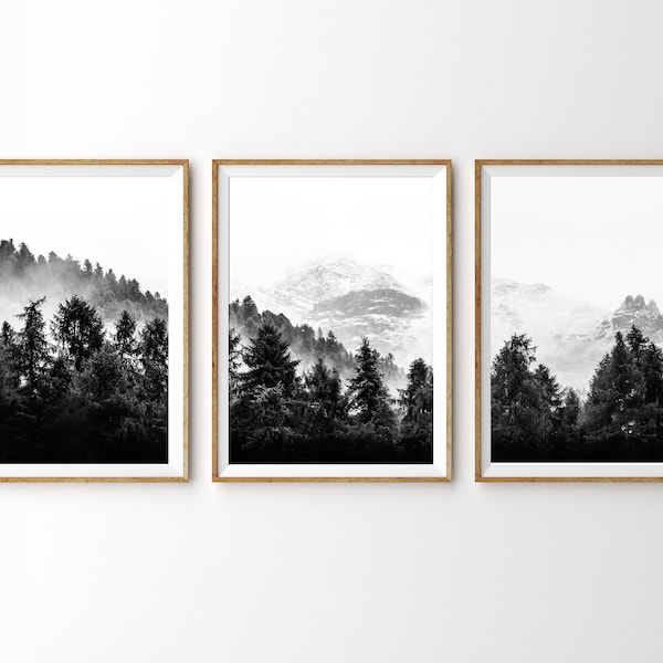 Mountain Print Set of 3 Prints Forest Wall Art Black and White Nordic Print Scandinavian Nature Photography Large Printable Art 3 Piece Set
