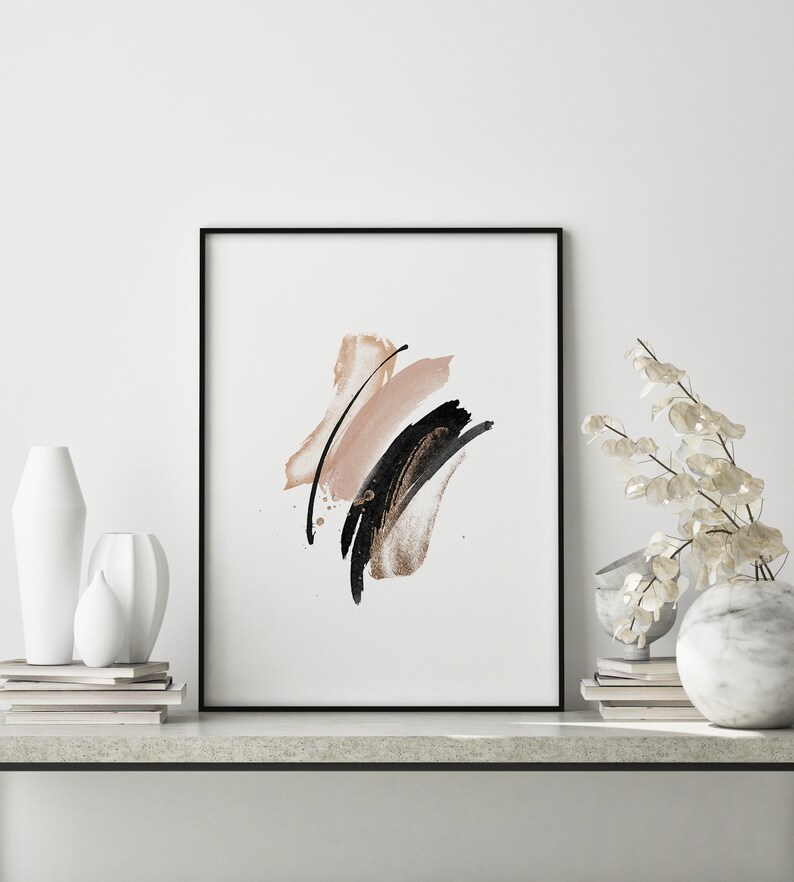 Watercolor Brushstrokes Print, Abstract Wall Decor, Modern Minimalist Wall Art Prints, Black Blush Gold, Downloadable Printable Wall Art, image 3