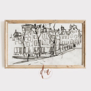 Frame TV Art, Vintage Abstract City Sketch, Antique Buildings Line Art, Cityscape Charcoal, Drawing, Neutral Aesthetic, Digital Download