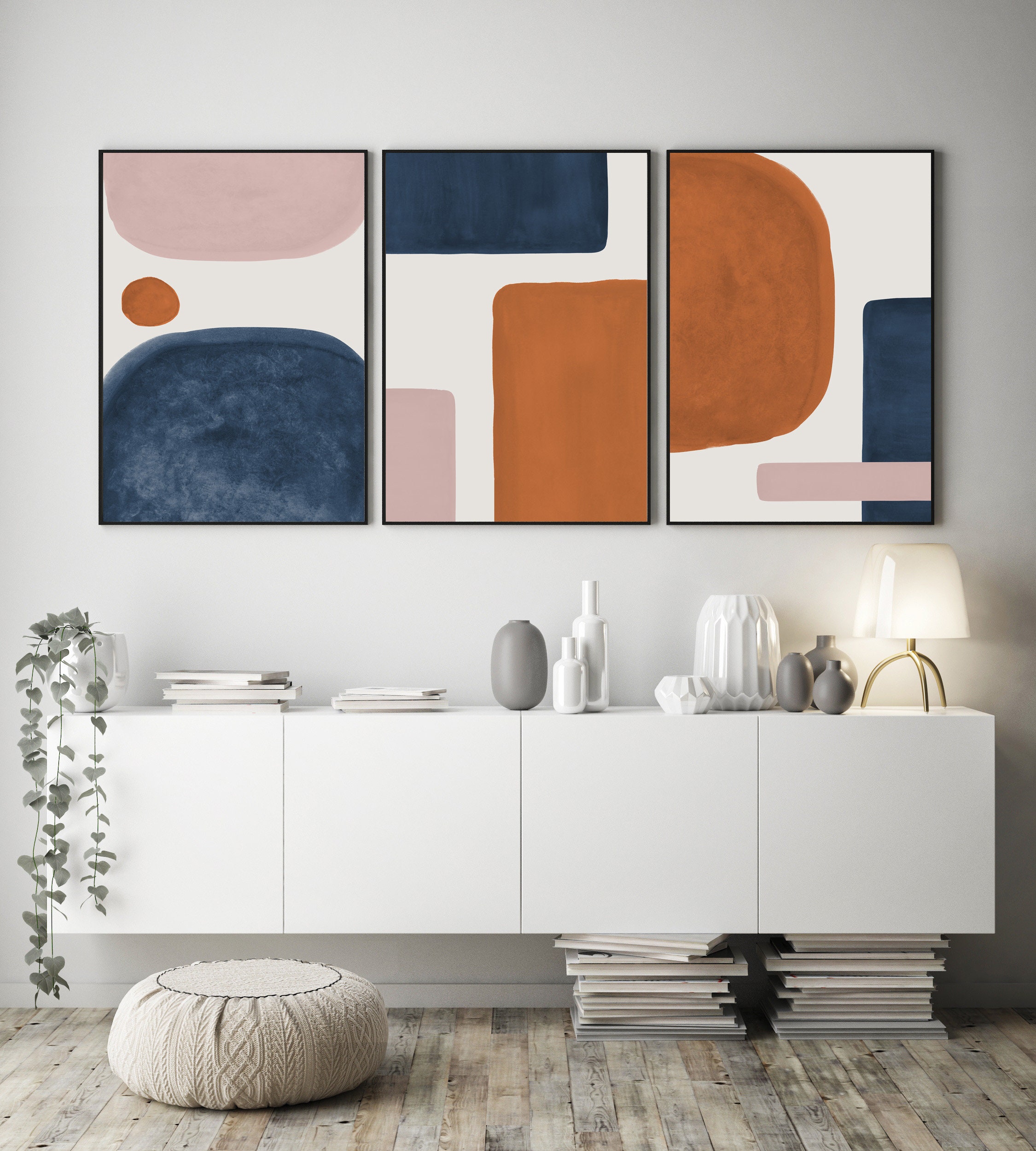 Abstract Shapes Set of 3 Prints Burnt Orange Blue Blush Pink | Etsy