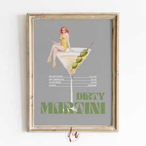 Dirty Marinti Cocktail Druck, Retro Bar Cart Art Print, Cocktail Collage Poster, trendige Wandkunst, Wohnung Ästhetisch, druckbare Wandkunst
