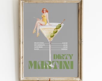 Dirty Marinti Cocktail Print, Retro Bar Cart Art Print, Cocktail Collage Poster, Trendy Wall Art, Apartment Aesthetic, Printable Wall Art