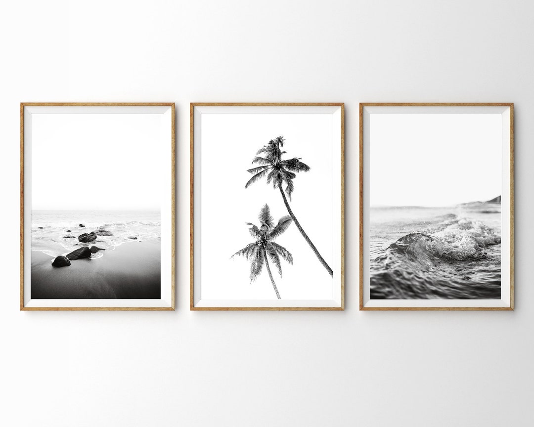 Set of 3 Beach Prints Black and White Beach Wall Art Prints Coastal ...