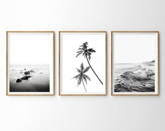 Set of 3 Beach Prints Black and White Beach Wall Art Prints Coastal Decor Printable Wall Art Triptych Wall Art Gallery Wall Set Ocean Print