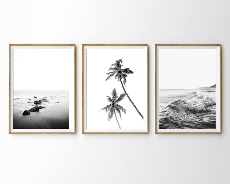 Set of 3 Beach Prints Black and White Beach Wall Art Prints Etsy