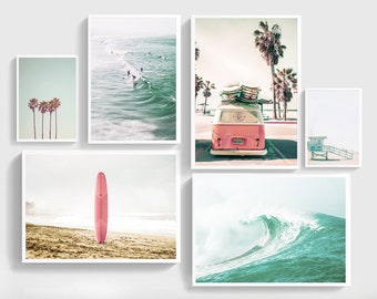Set of 6 Prints Large Beach Wall Art California Wall Art 6 Piece Wall Art Surf Art Surfboard Wall Art Beach Poster Pink Surf board