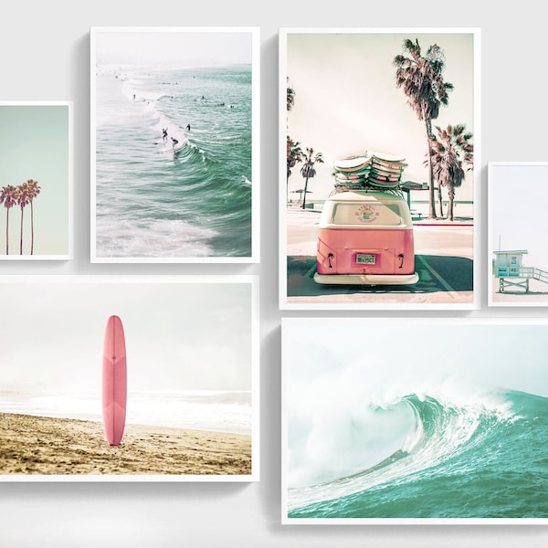 Set of 6 Prints Large Beach Wall Art California Wall Art 6 Piece Wall Art Surf Art Surfboard Wall Art Beach Poster Pink Surf board