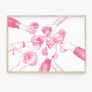 May include: Pink line drawing of six hands holding up glasses of cocktails and clinking them together. The glasses are filled with different colored liquids and garnishes.