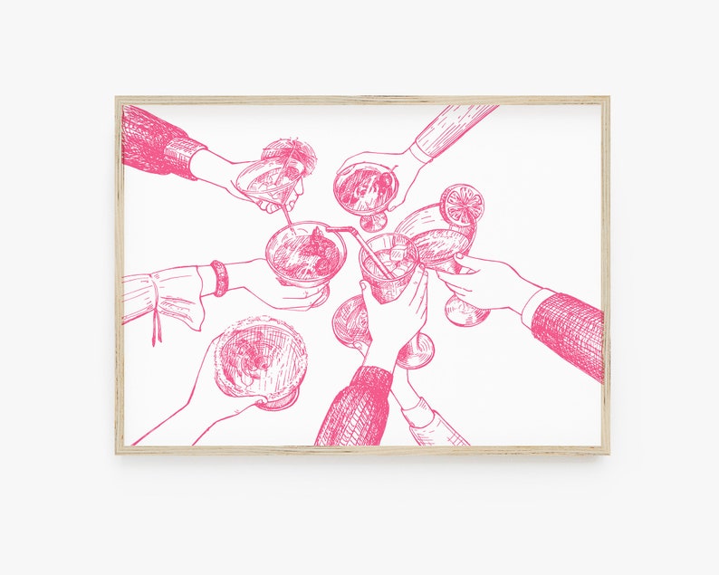 May include: Pink line drawing of six hands holding up glasses of cocktails and clinking them together. The glasses are filled with different colored liquids and garnishes.