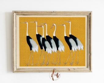 Vintage Japanese Poster, Yellow Crane Print, Eclectic Wall Gallery Print, Horizontal Print, Printable illustration, Digital Download