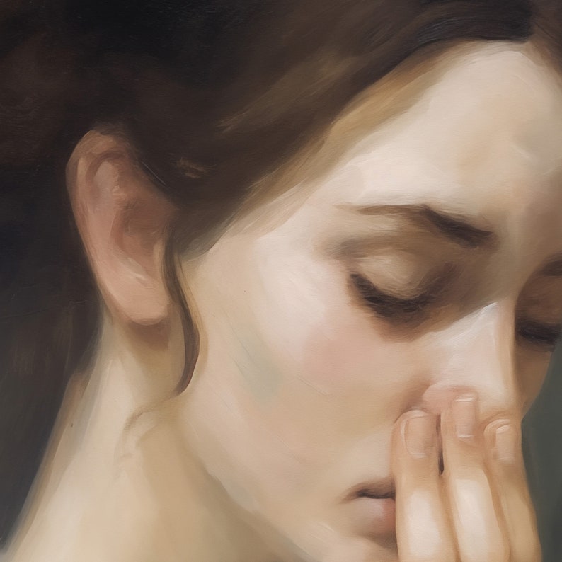 May include: A close-up portrait of a person with long brown hair, showing their face and one ear. The person is looking down with their eyes closed, and their hand is covering their mouth. The image is painted in a realistic style with soft, blended colours.