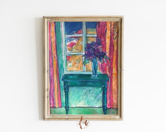 Vibrant Interior Scene, Teal Eclectic Wall Gallery Print, Vibrant Aesthetic, Bright Colorful Vintage Painting, Maximalist Decor