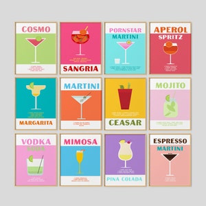 Conjunto de carteles de cócteles, carteles de licores, arte de pared preppy, decoración brillante de habitaciones preppy, decoración maximalista, Ceasar Aperol Spritz Cosmo Martini Mimosa