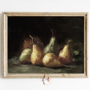 May include: A framed oil painting of a still life featuring six pears in various shades of green and yellow. The pears are arranged on a dark green surface with a white cloth underneath. The painting is set against a dark background.