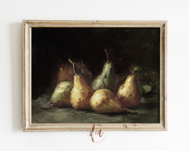 May include: A framed oil painting of a still life featuring six pears in various shades of green and yellow. The pears are arranged on a dark green surface with a white cloth underneath. The painting is set against a dark background.