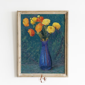 Bright Floral Wall Art Prints, Vintage Flower Bouquet Painting, Eclectic Wall Gallery Print, Vibrant Aesthetic, Orange Yellow Flowers