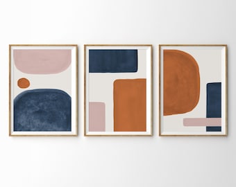 Abstract Shapes Set of 3 Prints Burnt Orange Blue Blush Pink Abstract Wall Art Mid Century Modern Art Print Printable Art Minimalist Print