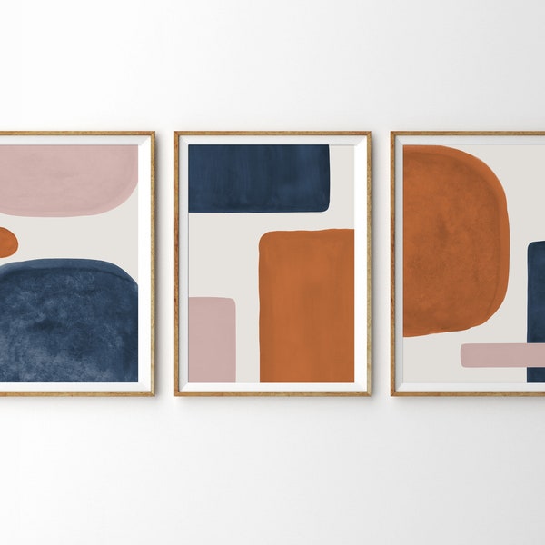 Abstracte vormen set van 3 prints verbrand oranje blauw blozen roze abstracte muur kunst Mid Century moderne kunst print afdrukbare kunst minimalistische print