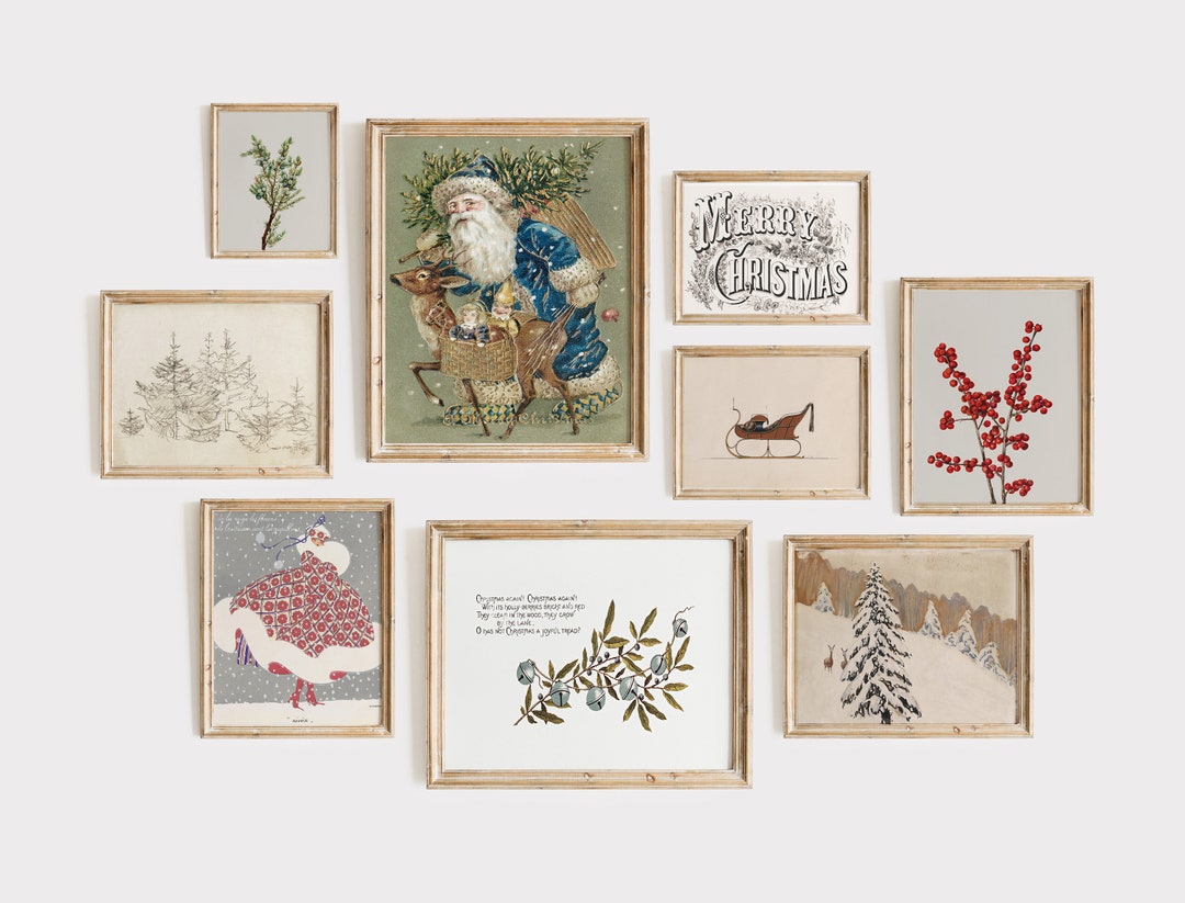 Eclectic Christmas Gallery Wall Set of 9, Vintage Paintings, Winter
