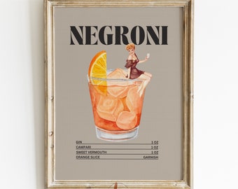 Retro Cocktail Print, Negroni Drink Poster, Bar Cart Wall Art, Vintage Cocktail Collage, Digital Print, Gallery Wall Print, Printable Art