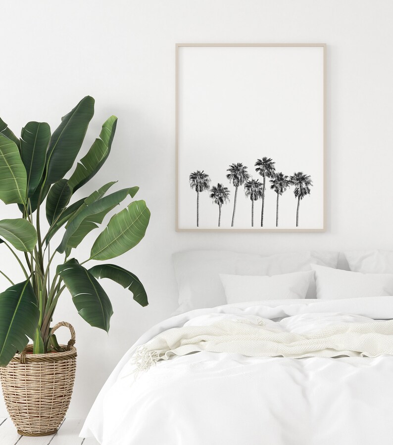 May include: A black and white print of palm trees in a simple wooden frame hanging on a white wall above a white bed with a white blanket and a green plant in a wicker basket.