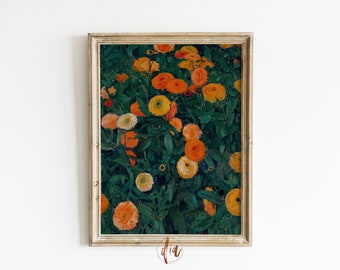 Orange Flower Print, Vintage Floral Painting, Antique Flower Garden, Eclectic Wall Gallery Print, Vibrant Aesthetic, Bright Flowers Wall Art