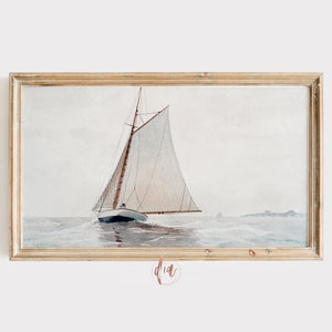 Arte de TV con marco náutico, arte de TV con marco Samsung, pintura de velero vintage, decoración costera, pintura de paisaje marino, televisión LG, decoración vintage de la casa de playa