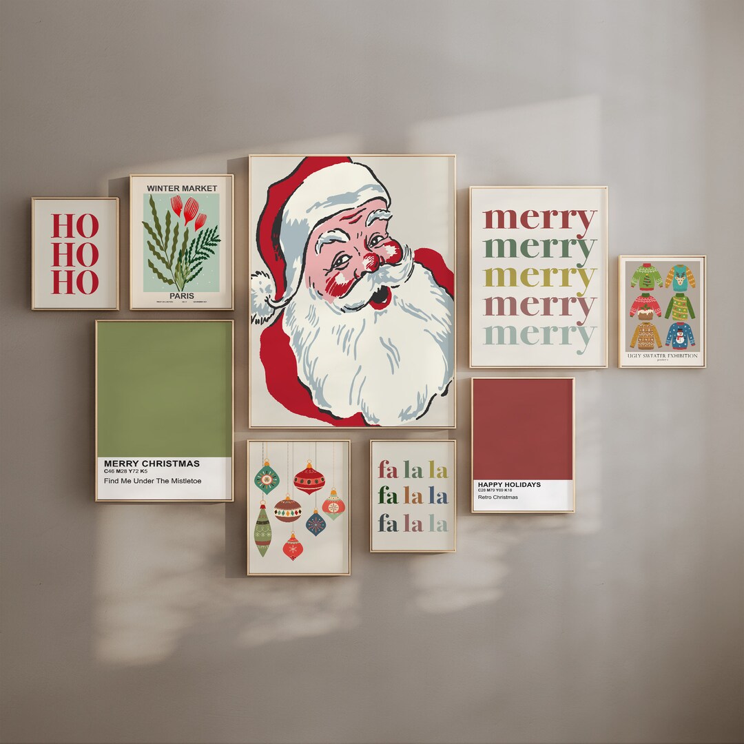 Retro Christmas Wall Art Print Set of 9 Holiday Poster Etsy