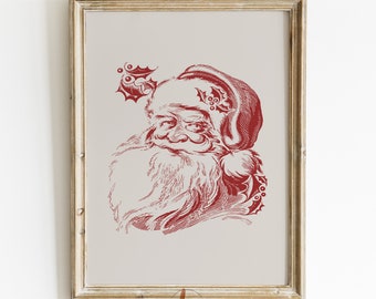 Wydruk Świętego Mikołaja, Rysunek Świętego Mikołaja w stylu vintage, Szkic Czerwonego Mikołaja, Wydruk sztuki ściennej z okazji Bożego Narodzenia, Wydruk minimalistyczny, Wydruk świąteczny, Plakat świąteczny