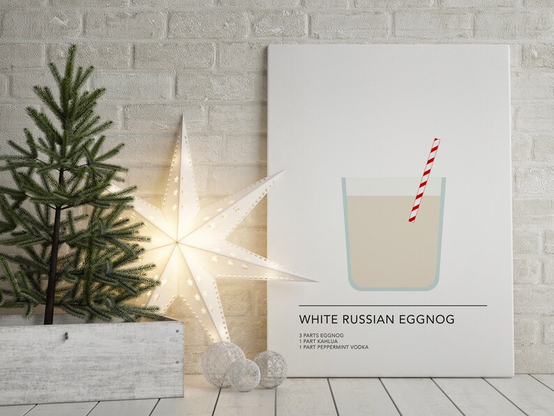 May include: Printable art print with a white background featuring a glass of eggnog with a red and white striped straw. The text reads "White Russian Eggnog" and includes the ingredients: 3 parts eggnog, 1 part Kahlua, 1 part peppermint vodka.