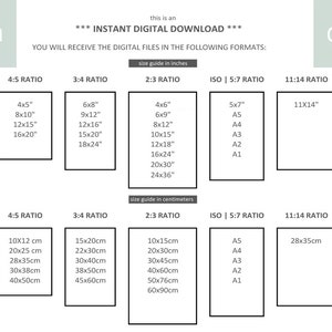 May include: A chart showing different aspect ratios and their corresponding sizes in inches and centimeters. The chart includes 4:5, 3:4, 2:3, ISO | 5:7, and 11:14 ratios. The chart is titled "Instant Digital Download" and includes the text "You will receive the digital files in the following formats."