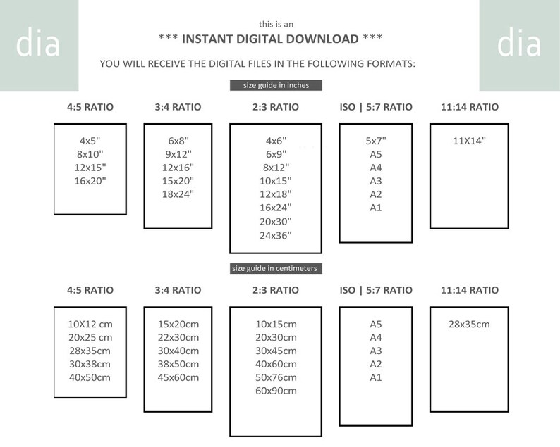 May include: A chart showing different aspect ratios and their corresponding sizes in inches and centimeters. The chart includes 4:5, 3:4, 2:3, ISO | 5:7, and 11:14 ratios. The chart is titled "Instant Digital Download" and includes the text "You will receive the digital files in the following formats."