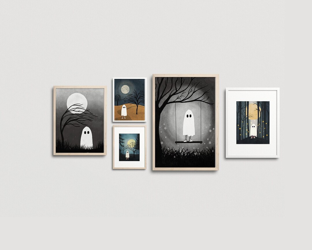 Sheet Ghost Art Print Set of 5, Halloween Printable Wall Art, Halloween ...