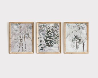 Set of 3 Winter Wall Art Prints, Vintage Winter Paintings, Snow Covered Trees, Nordic Art Print Set, Winter Landscape Prints, Printable Art