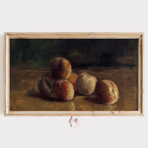 Samsung Frame TV Art, Vintage Peaches Still Life Painting, Moody Fruit Antique Oil Painting, French Farmhouse Decor, Digital Download