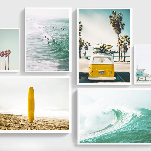 Coastal Wall Art Set of 6 Prints Pink Surfboard Surf Poster Etsy